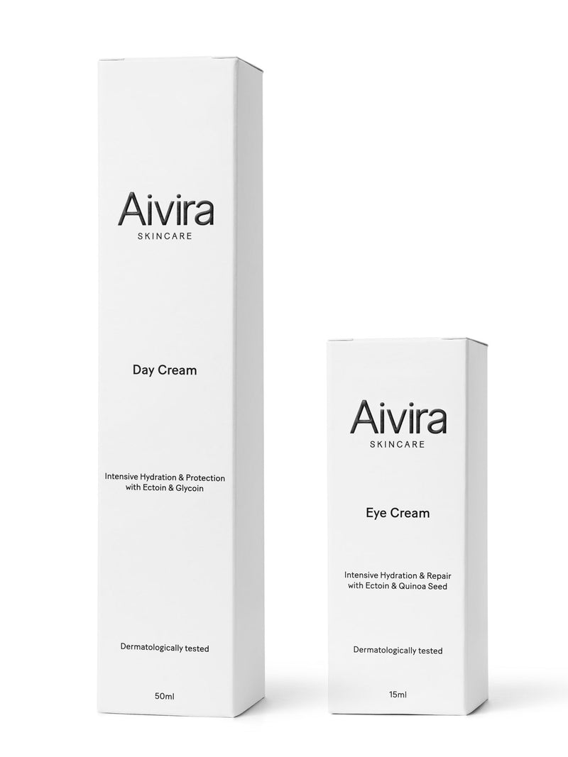 Outer packaging for Aivira Day Cream and Aivira Eye Cream on white background