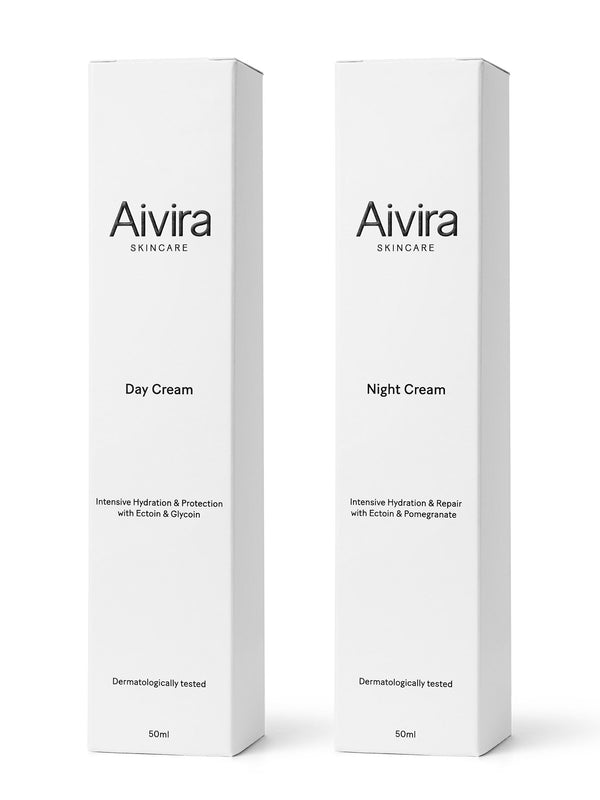 Boxes for Aivira Skincare Day Cream and Night Cream on white background