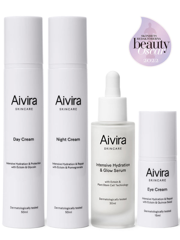 Aivira Intensive Hydration products on white background with Beuaty Oscar Awards logotype