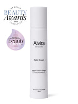 Aivira Night Cream on white background with Swedish Beauty Awards logotype and Beauty Oscars logotype