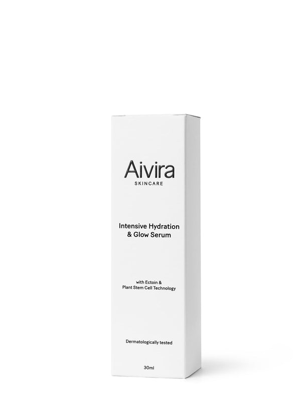 Outer packaging for Aivira Intensive Hydration & Glow Serum on white background